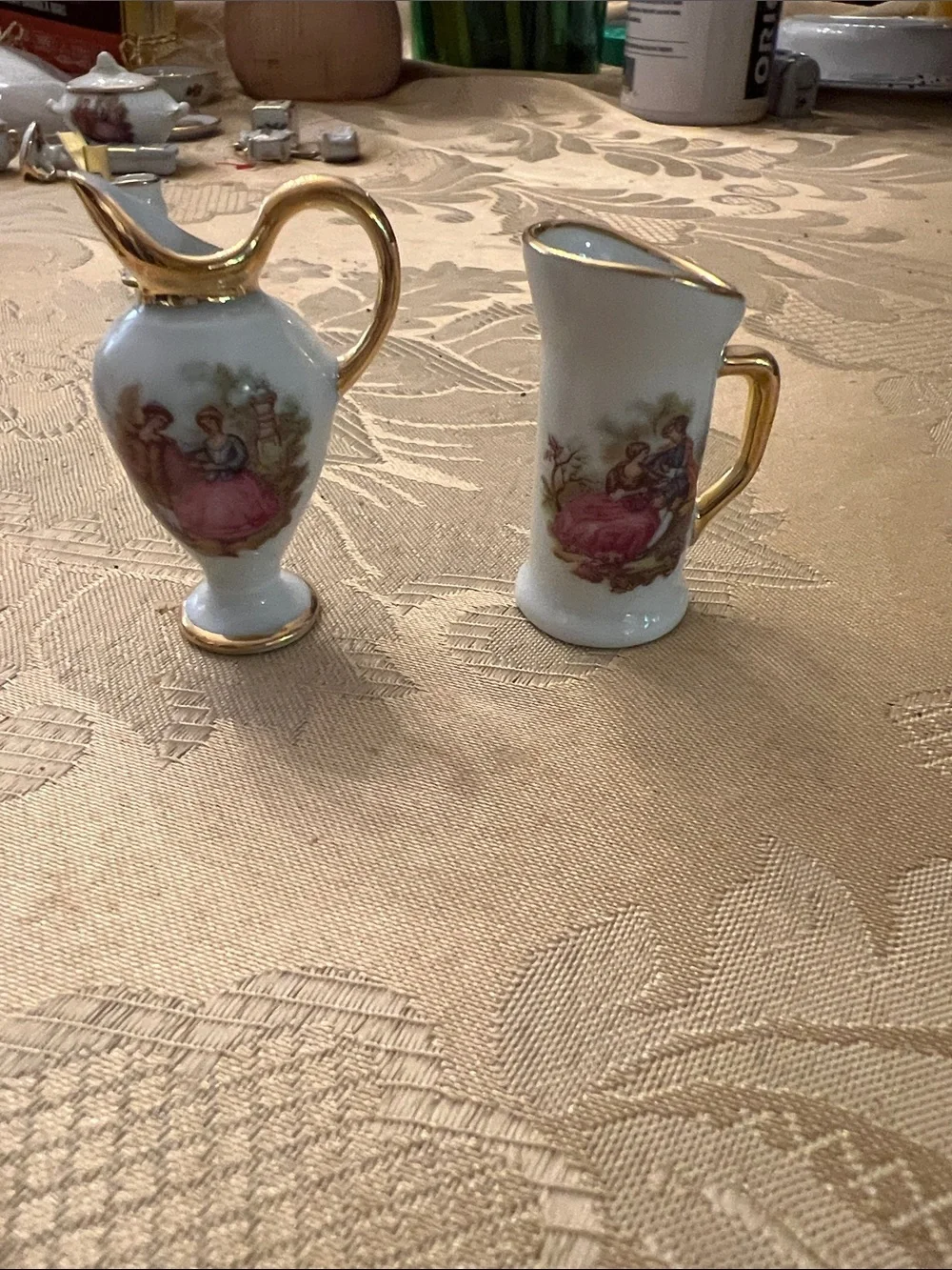 Limoges White Porcelain Mini Pitcher and Vase with Gold Trim and Pink Accents